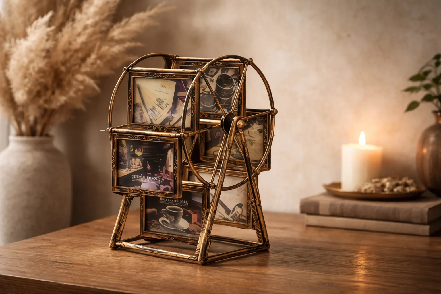 Rotating Ferris Wheel Photo Frame Retro Bronze Design – Vintage Style Plastic Picture Holder, Multi Photo Display Ornament, Home Decor Gift